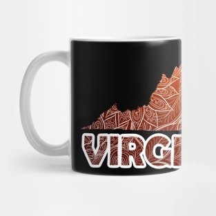 Colorful mandala art map of Virginia with text in brown and orange Mug